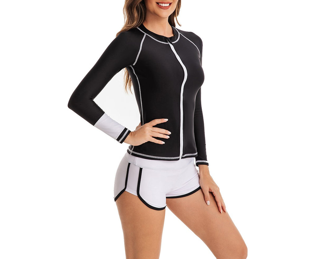Women’s Two-Piece Flat-Angle Floral Surfing Swimsuit – Long-Sleeve Zip-Up Rash Guard Cardigan Tankini Set