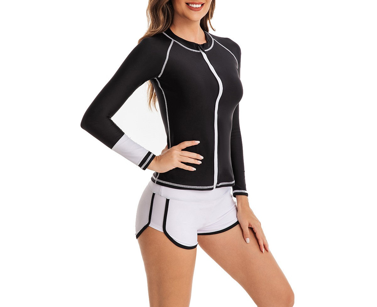 Women’s Two-Piece Flat-Angle Floral Surfing Swimsuit – Long-Sleeve Zip-Up Rash Guard Cardigan Tankini Set