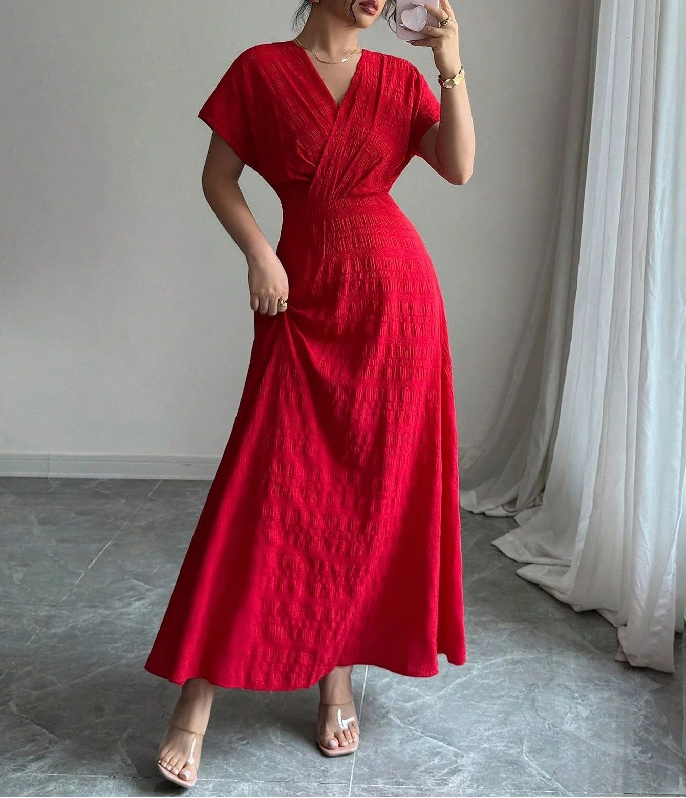 Women's Red V-Neck Pleated Long Dress – Elegant Slim Fit Maxi Dress for Party, Wedding, Evening, Holiday & Special Occasions