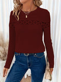 Autumn Solid Color Lace Stitching Crew Neck Long Sleeve T-Shirt for Women
