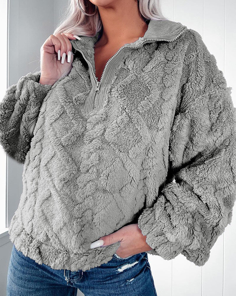 Autumn/Winter Solid Color Half-Zip Stand Collar Plush Pullover Sweatshirt