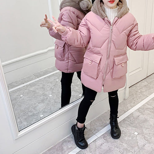 Children’s Thickened Velvet Hooded Cotton Coat – Medium and Long Warm Winter Jacket - RAC25JP3260GOW