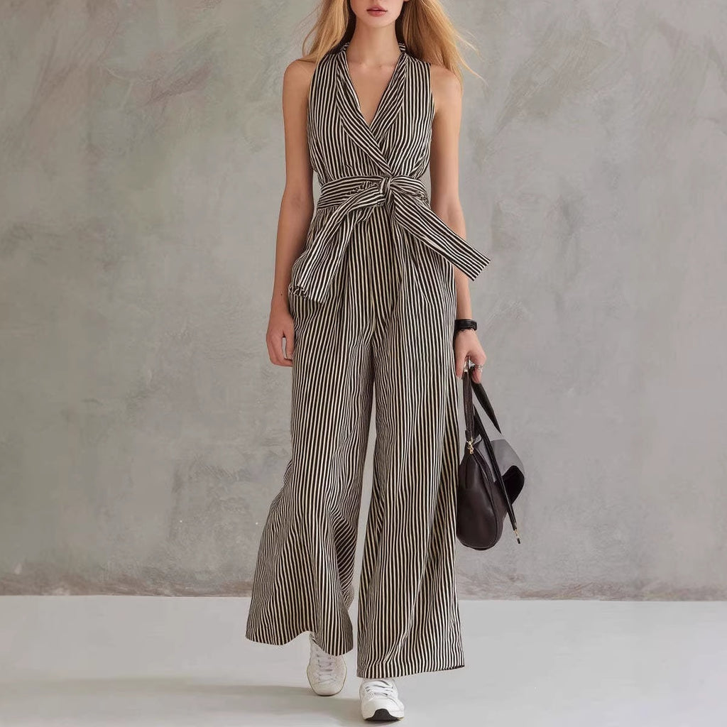 Women's Sleeveless Shirt and High-Waisted Wide-Leg Printed Stripe Pants Two-Piece Outfit Set