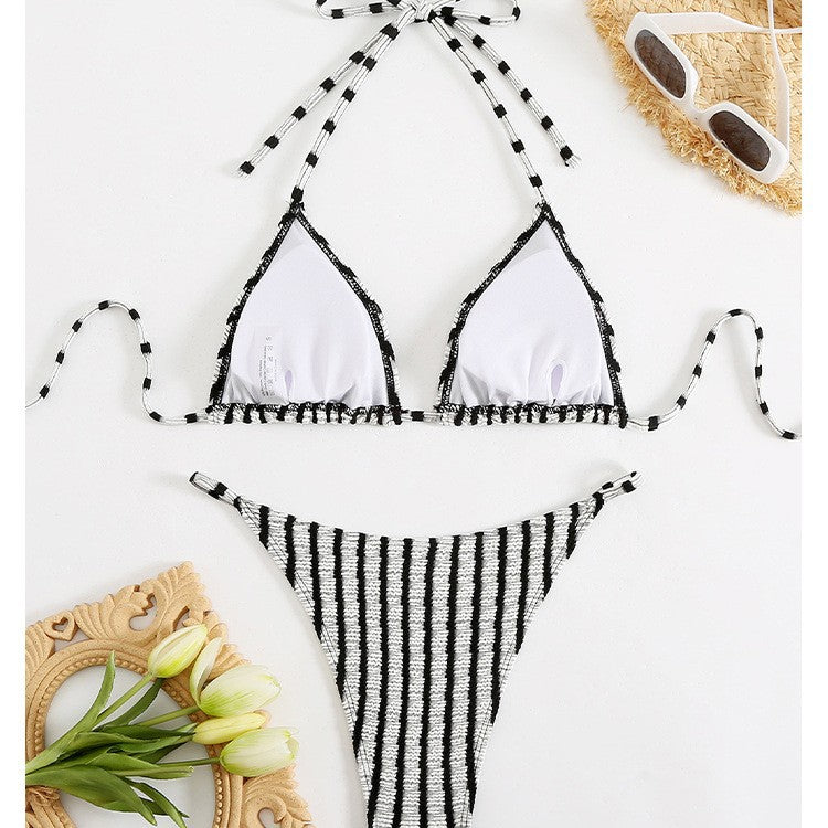 Striped Printed Drawstring Lace Neck Bikini Split Swimsuit