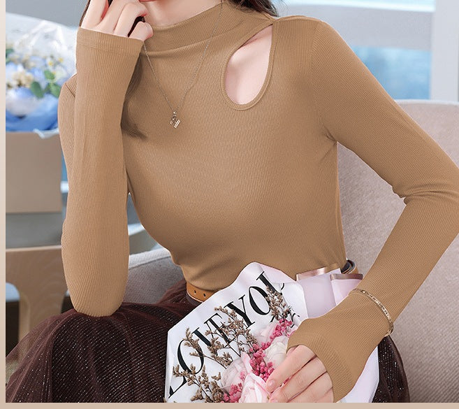 Women's Cut-Out Half Turtleneck Bottoming Shirt - Autumn Slim Fit Long Sleeve Inner Top