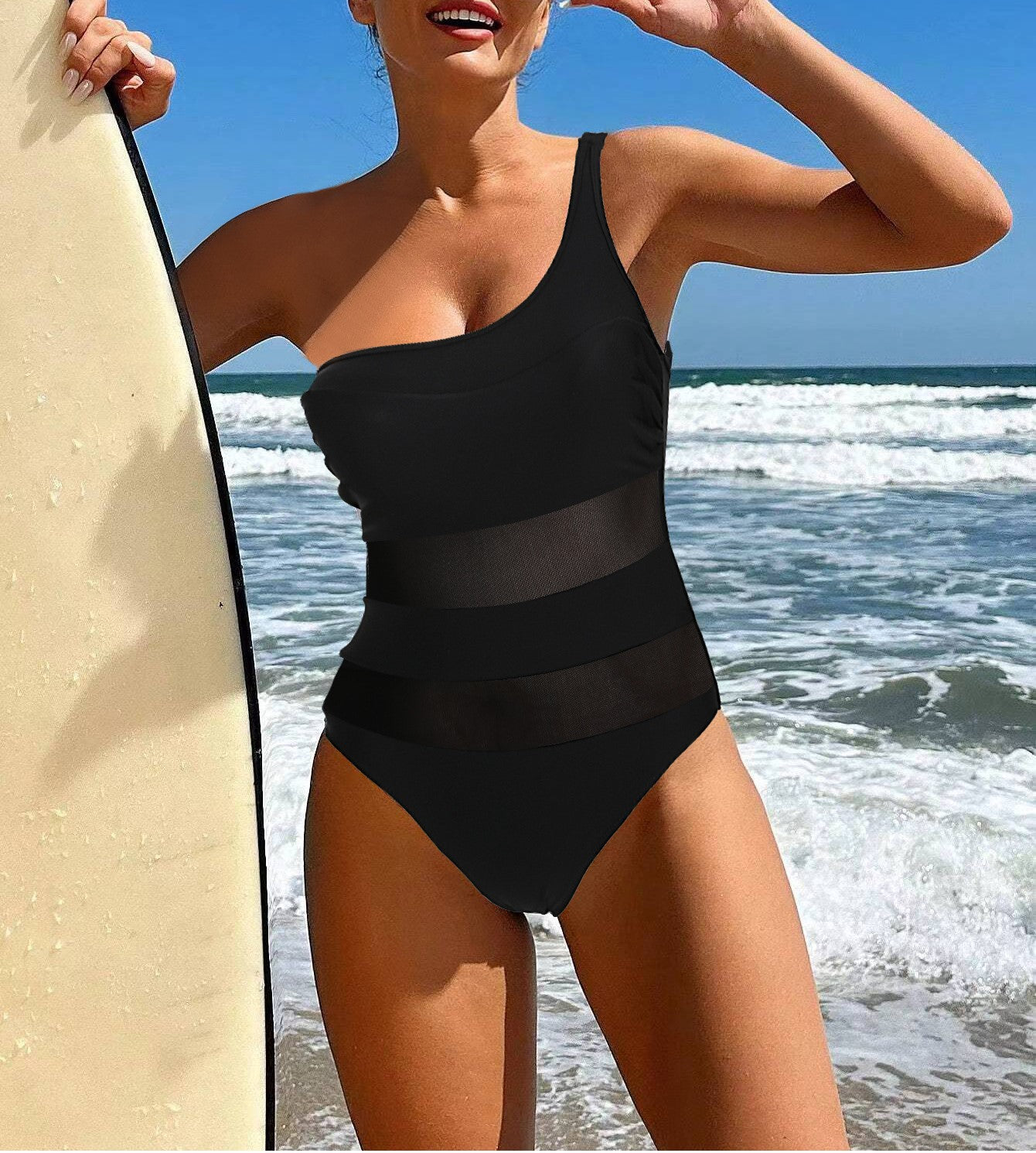 One-Piece Solid Color Single-Shoulder Mesh Stitching Beach Spring Women's Swimsuit Bikini