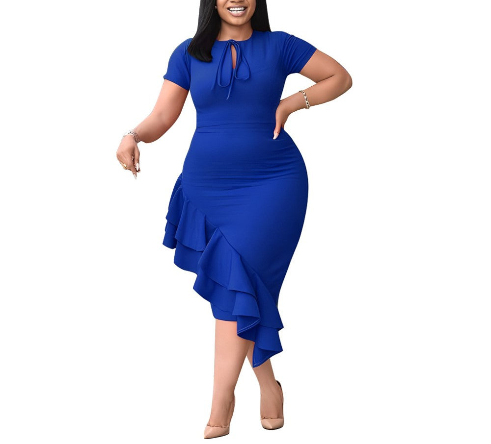 Plus Size Women's Casual Tie-Up Ruffle Hem Dress – Elegant & Comfortable Everyday Style