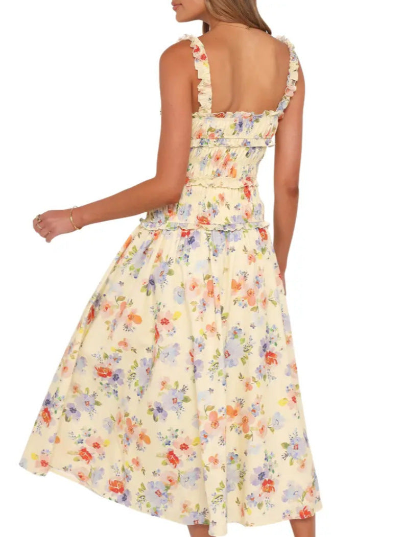 Spring and Summer Sleeveless Floral High-Waisted Casual Dress for Women