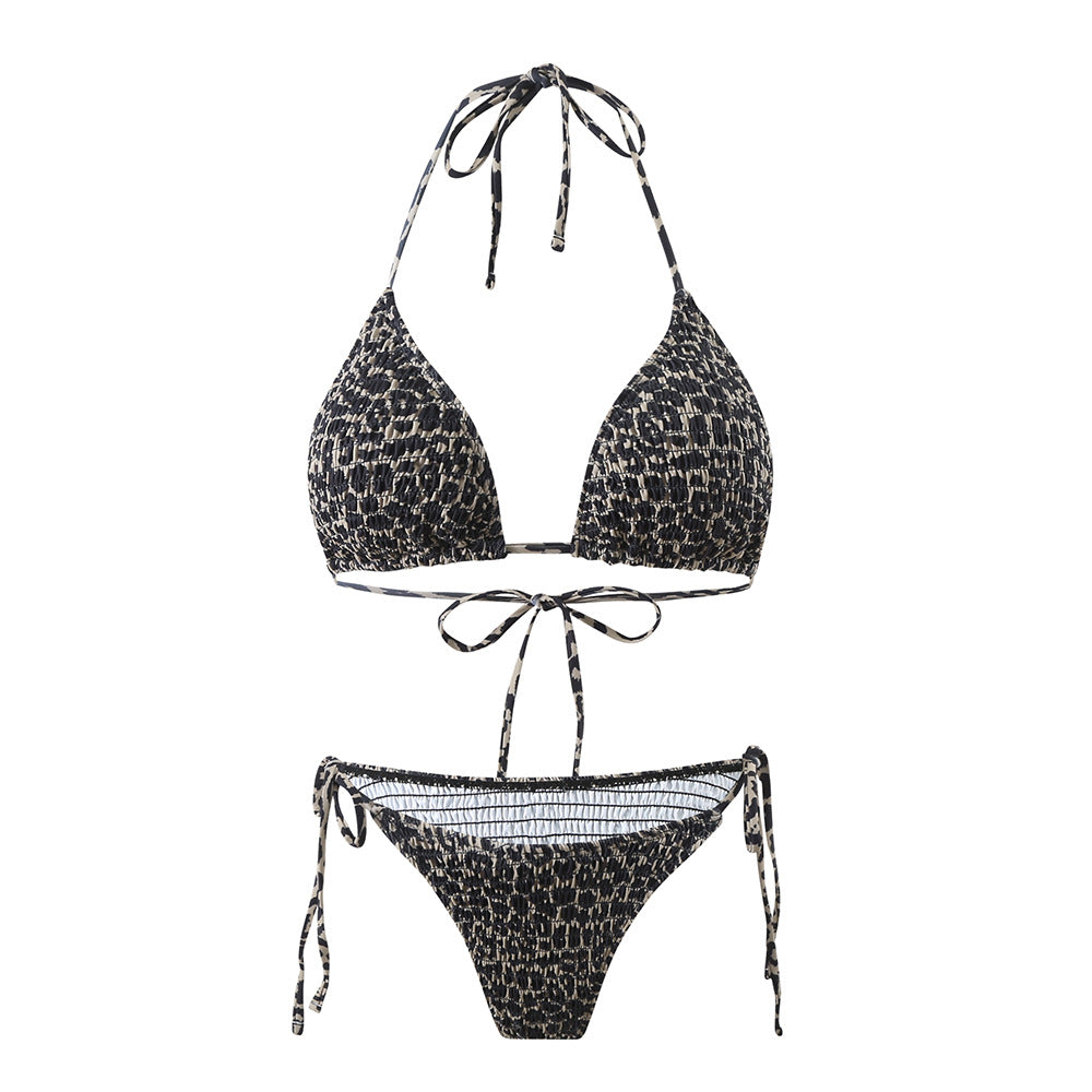 Leopard Print Lace-Up Neck Backless Three-Piece Split Swimsuit for Women