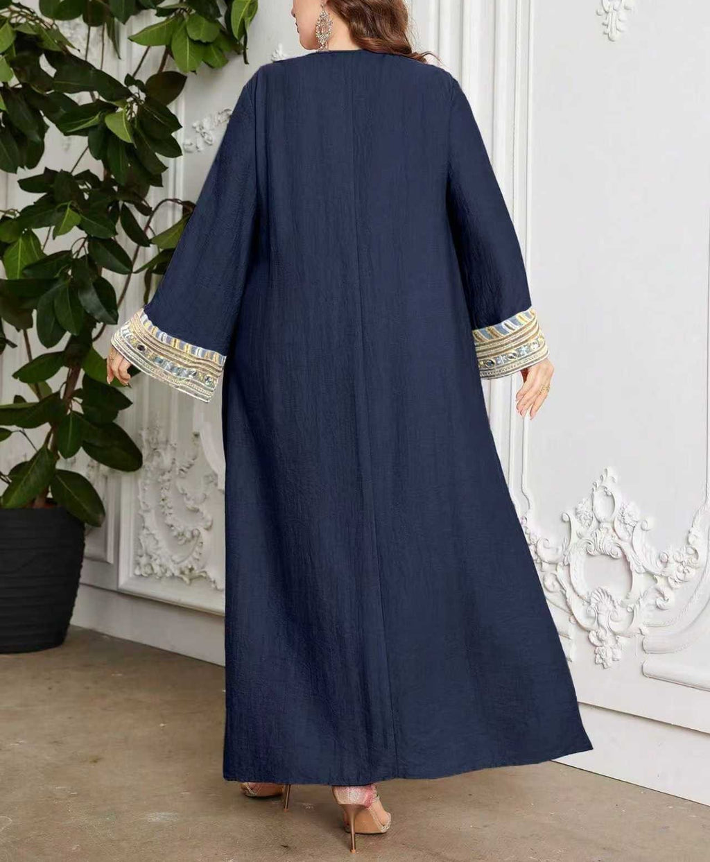 Plus Size Casual Ethnic Style Maxi Dress for Women with Gold Lace Collar, Bell Sleeves, Relaxed Fit, Long Elegant Dress