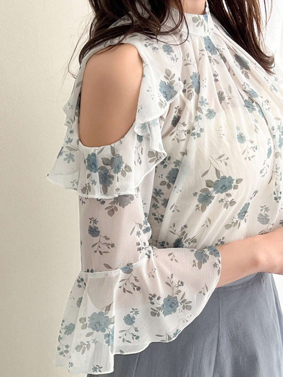 Women's Elegant Floral Chiffon Blouse - Summer Off-Shoulder Lightweight Top