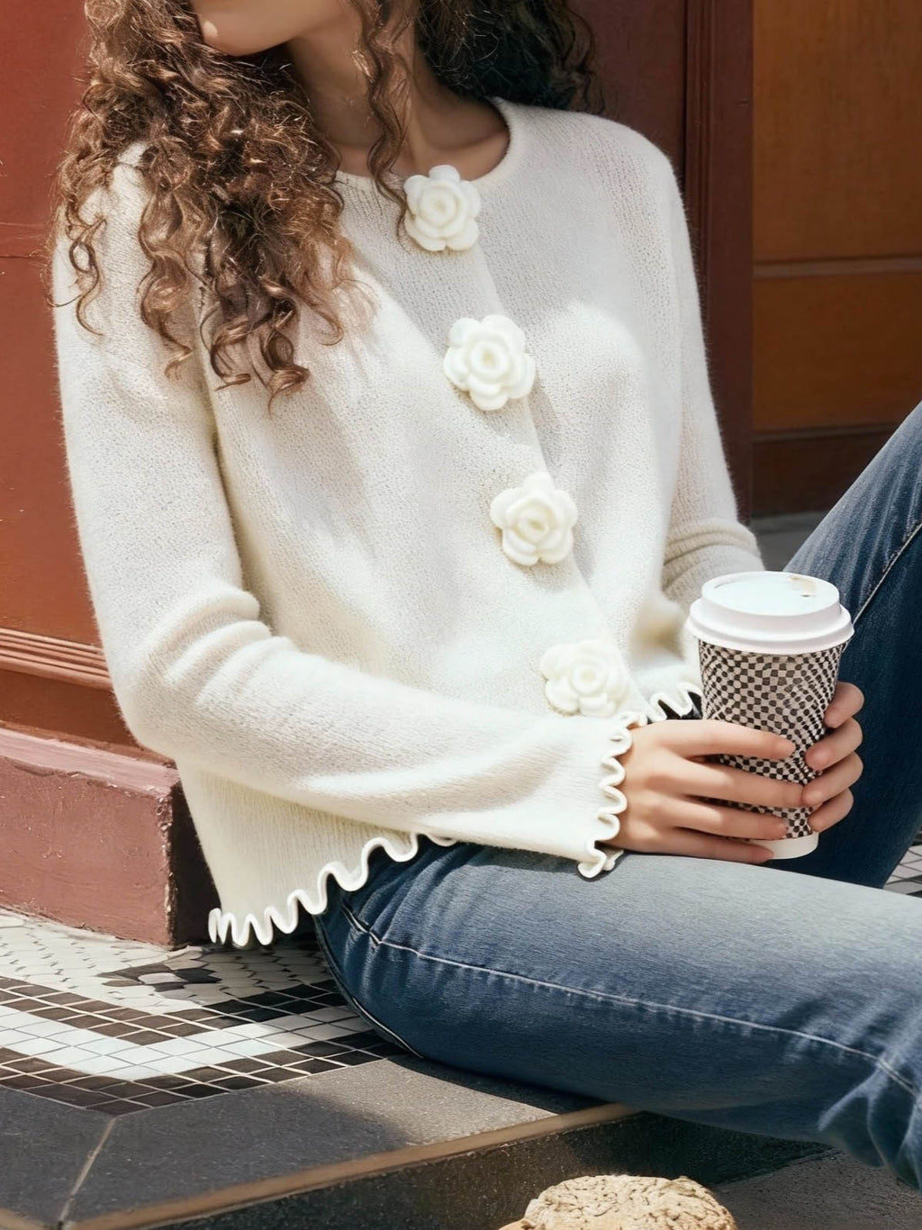 Women's Floral Ruffle Long Sleeve Knit Sweater Casual Solid Color Pullover for Fall and Winter
