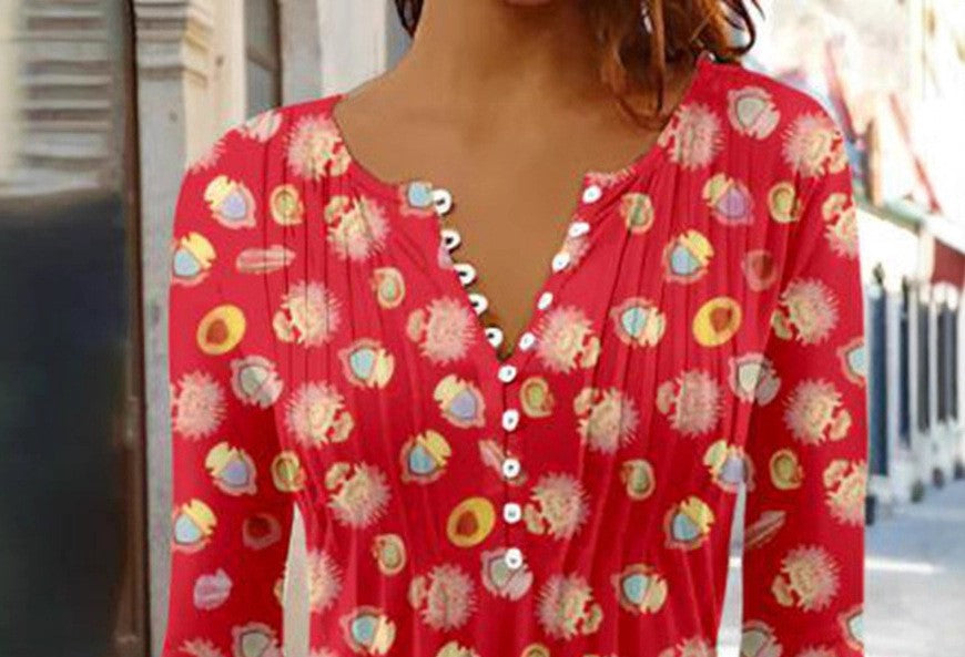 Summer New Fashion Button V-Neck Three-Quarter Sleeve Printed Shirt Top for Women