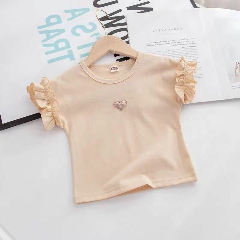 Girls Summer Short-Sleeved T-Shirt – Baby Lace Horn Sleeve Love Solid Color Top - RAC26JP5465BATT