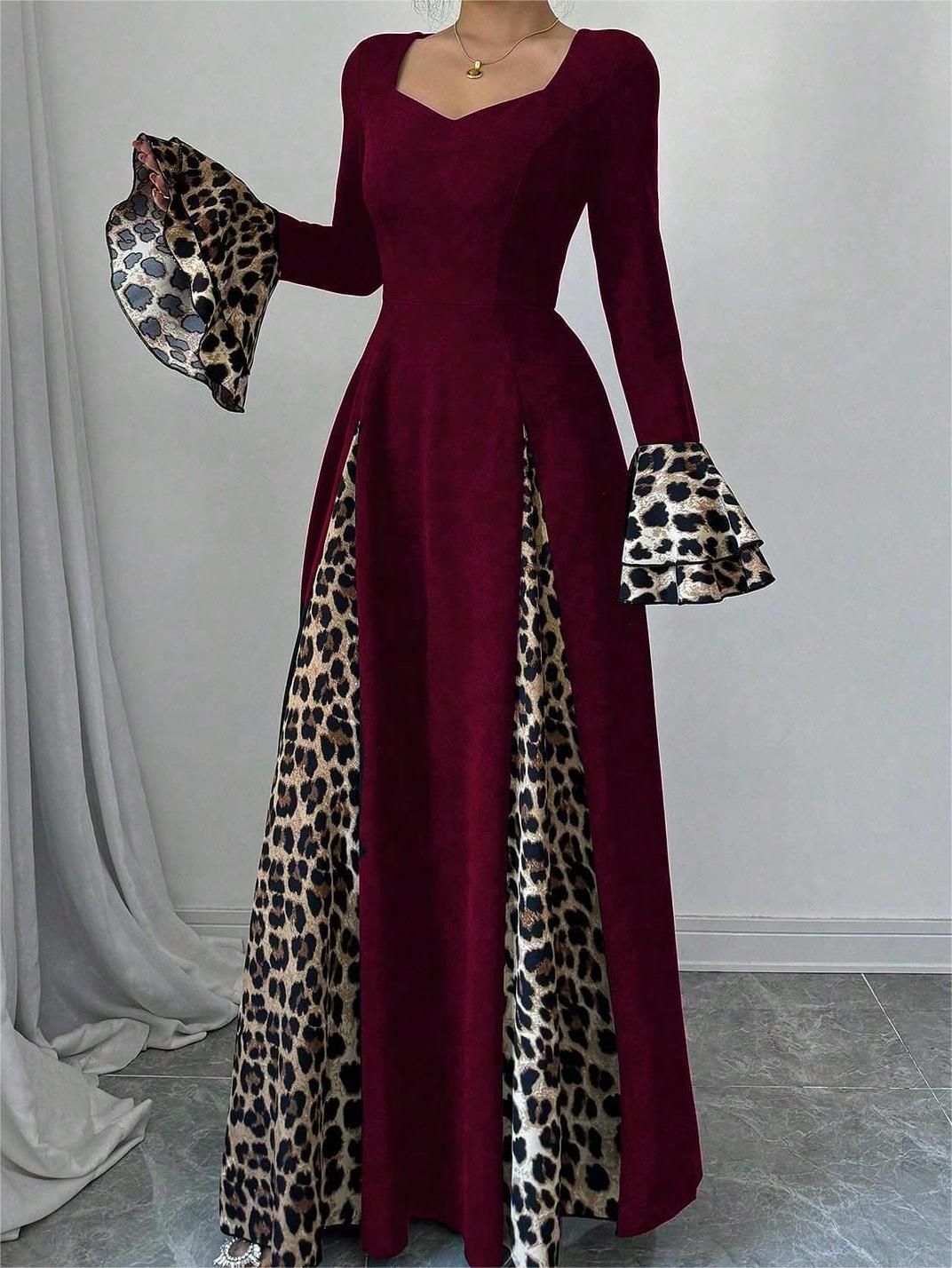 Women's Autumn Winter Leopard Print Contrast Color Trumpet Sleeve Midi Dress