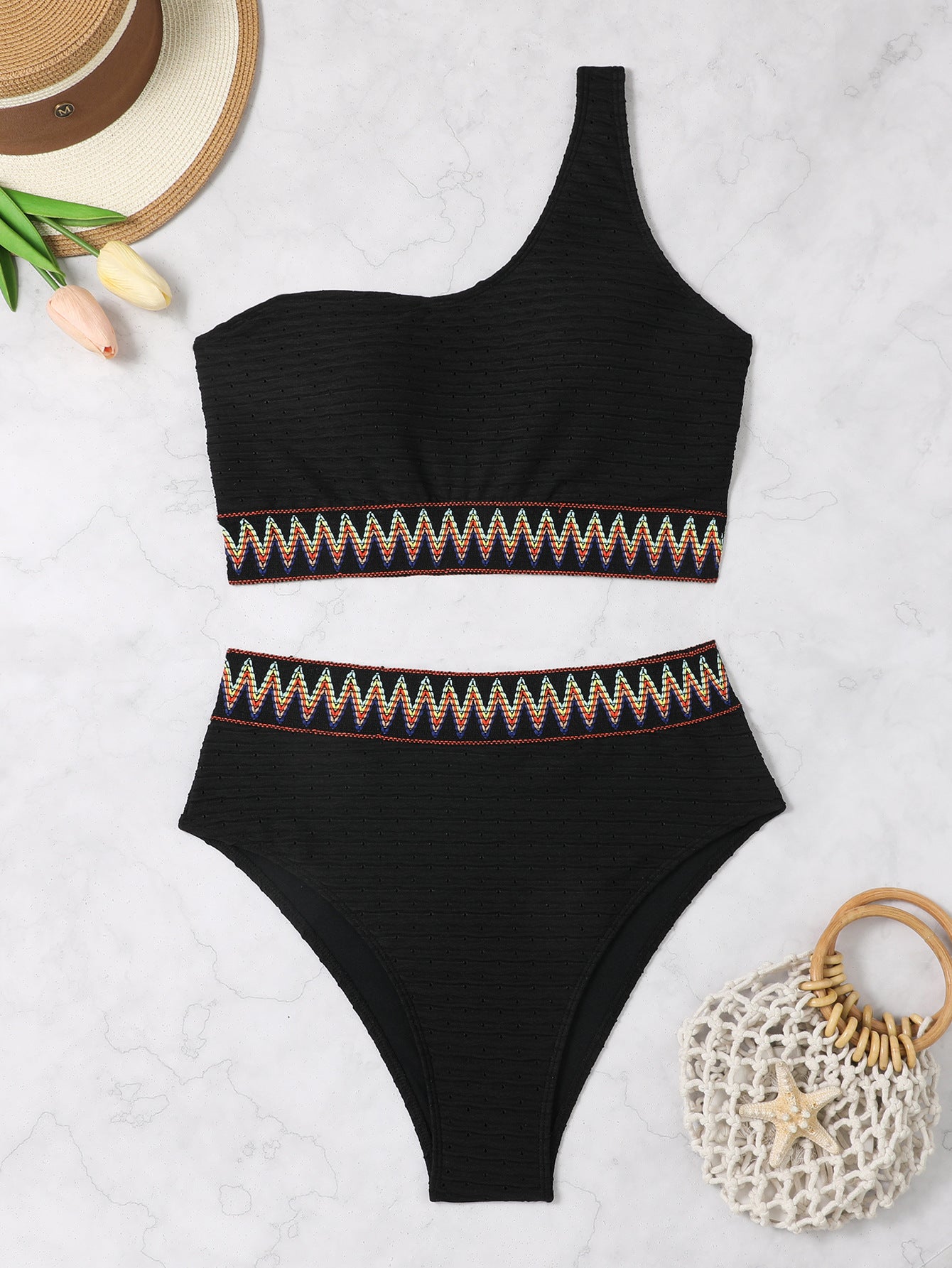 One-Shoulder High-Waisted Two-Piece Plus Size Bikini Swimsuit