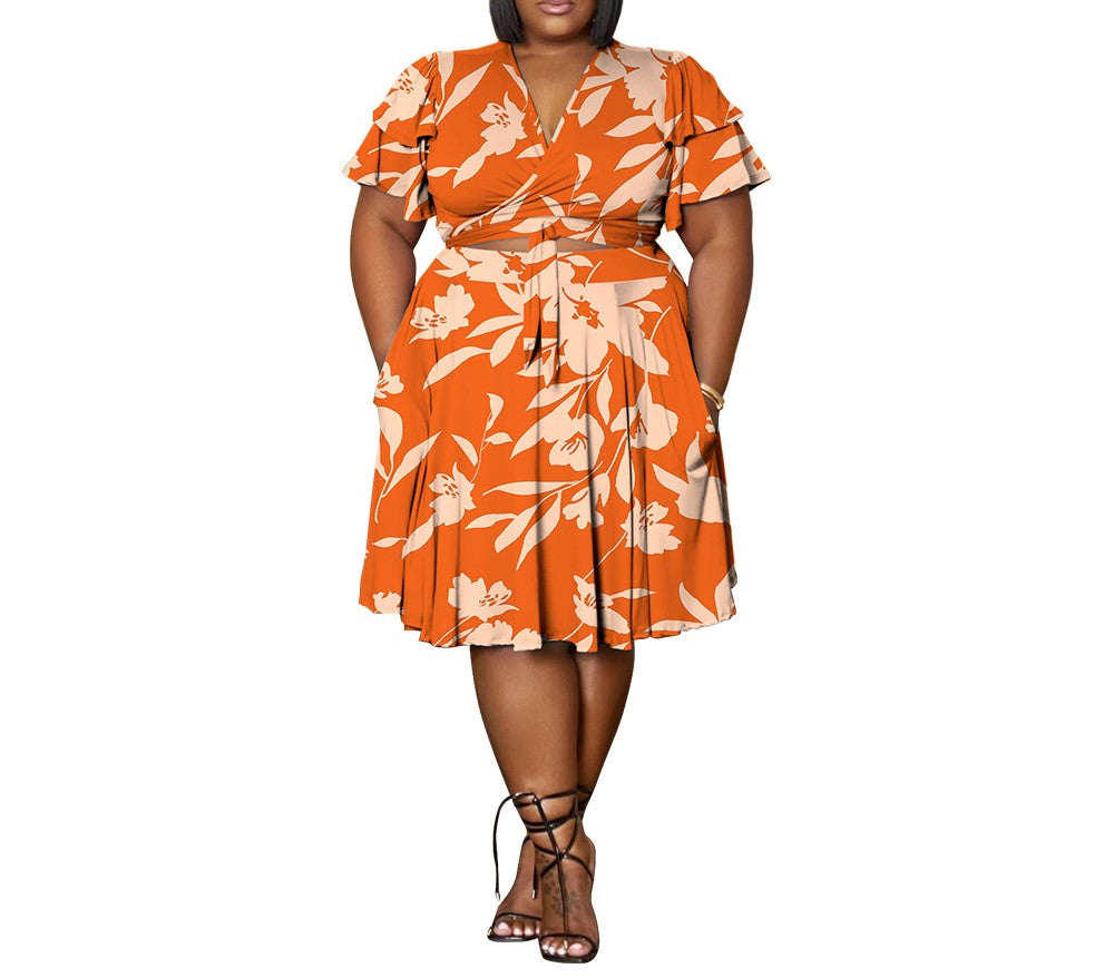 Women's Plus Size Ruffled Sleeve V-Neck Tie Short Skirt Set with Pockets – Chic Two-Piece Outfit