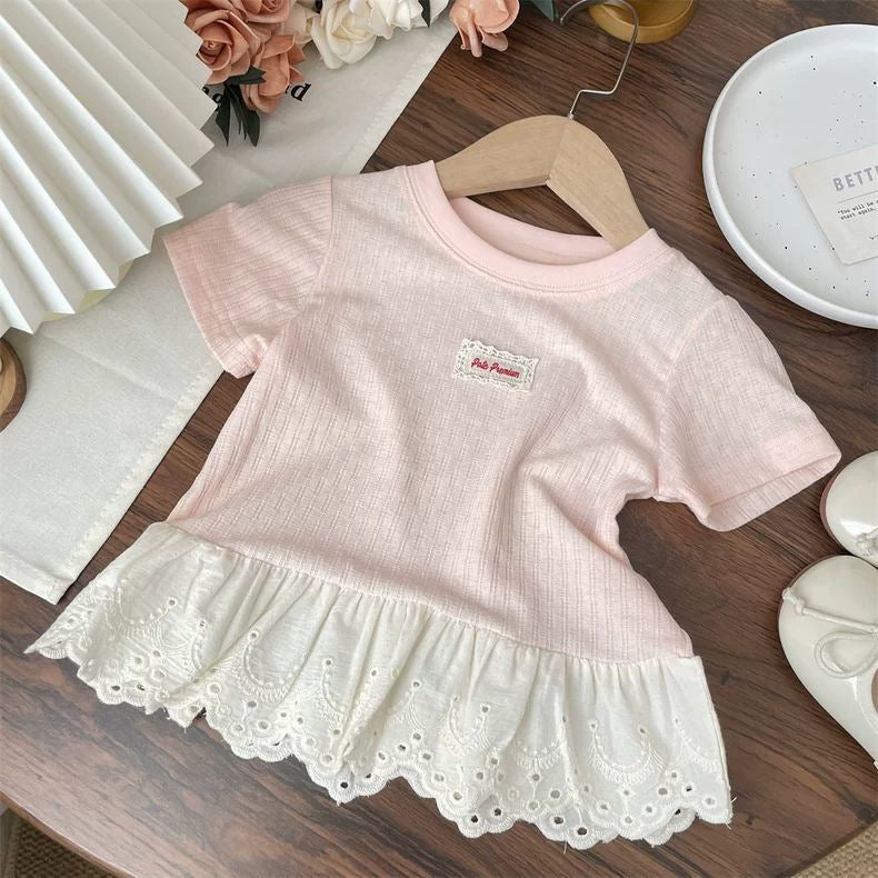 Girls Summer Short-Sleeved T-Shirt – Baby Lace Letter Patch Casual Top - RAC26JP5486BATT