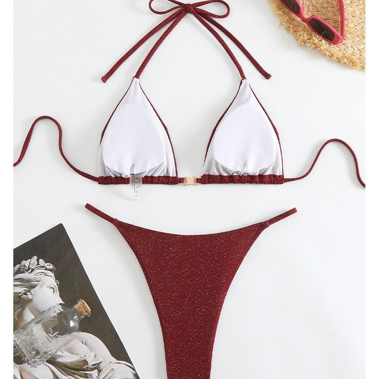 New Solid Color Drawstring Lace Neck Bikini Split Swimsuit