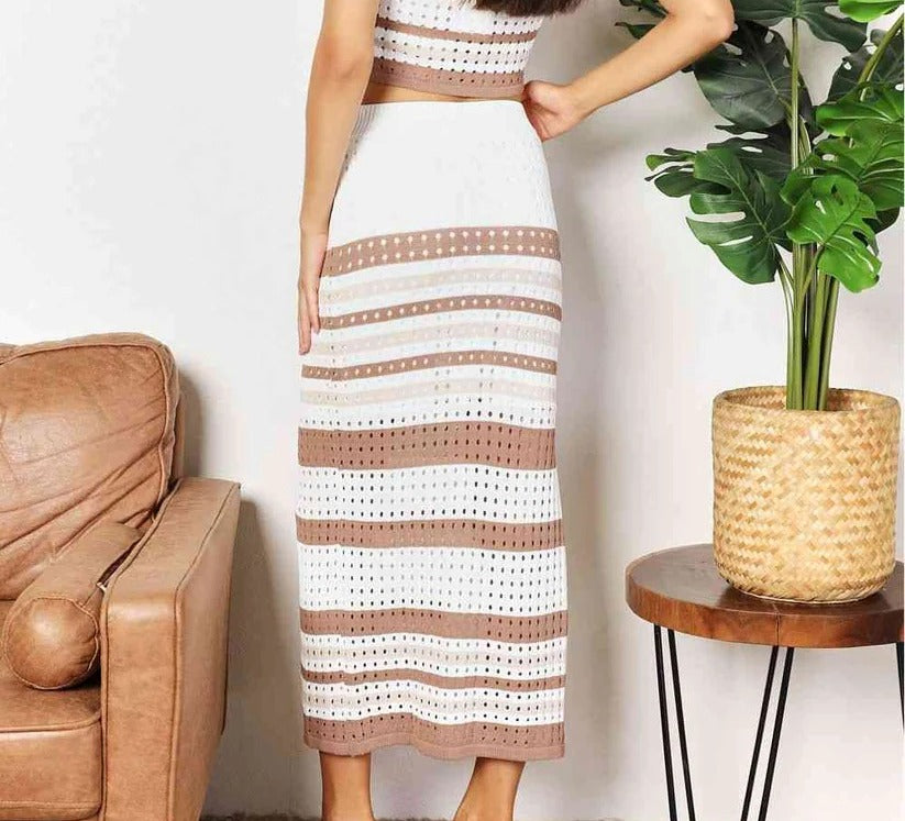 Women's Double Take Striped Openwork Cropped Tank and Split Skirt Set