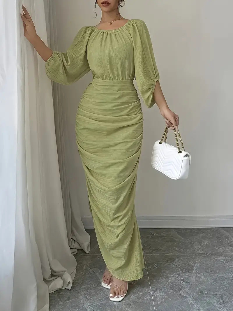 Women's Slim Fit Pleated Solid Color Dress – Elegant Waist Design, Comfortable Everyday Midi Dress