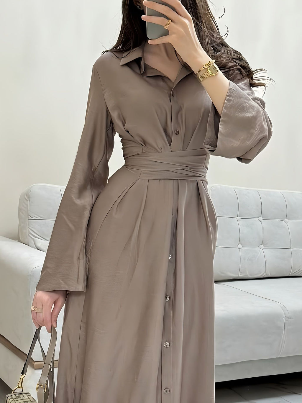 Women's Solid Color Button Front Waist Tie Long Sleeve Shirt Dress Midi Maxi Casual Long Skirt