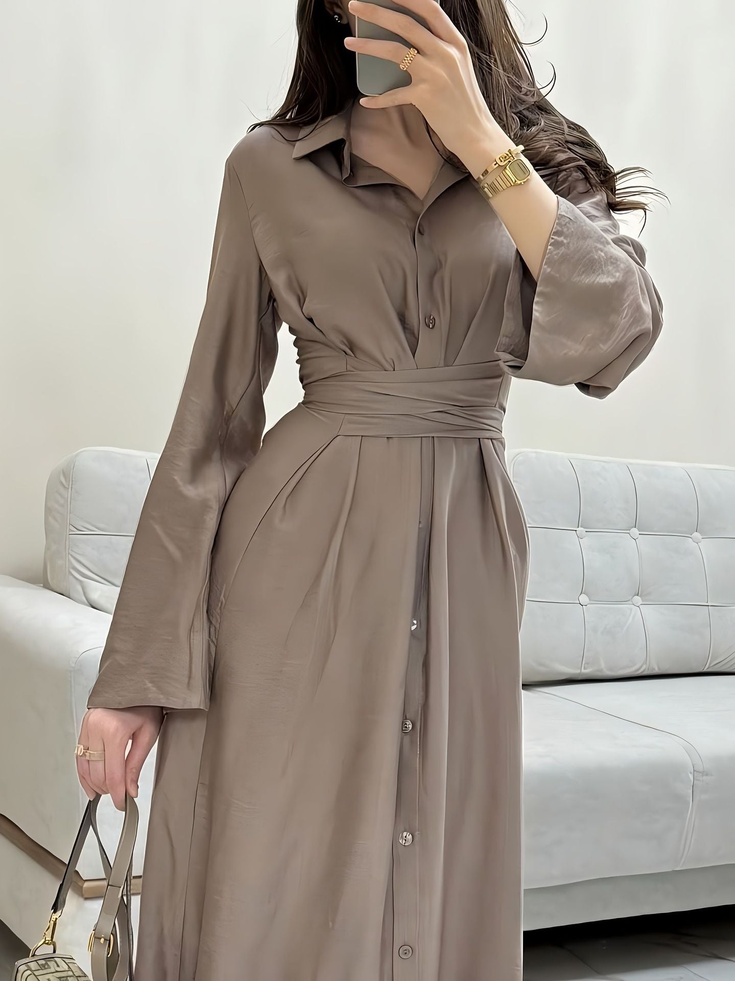 Women's Solid Color Button Front Waist Tie Long Sleeve Shirt Dress Midi Maxi Casual Long Skirt
