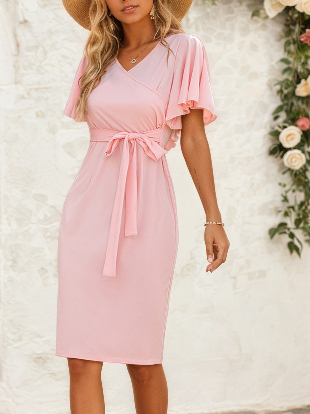 Women's V-Neck Waist Tie Side Slit Bodycon Midi Dress – Elegant Lace-Up Party & Evening Dress