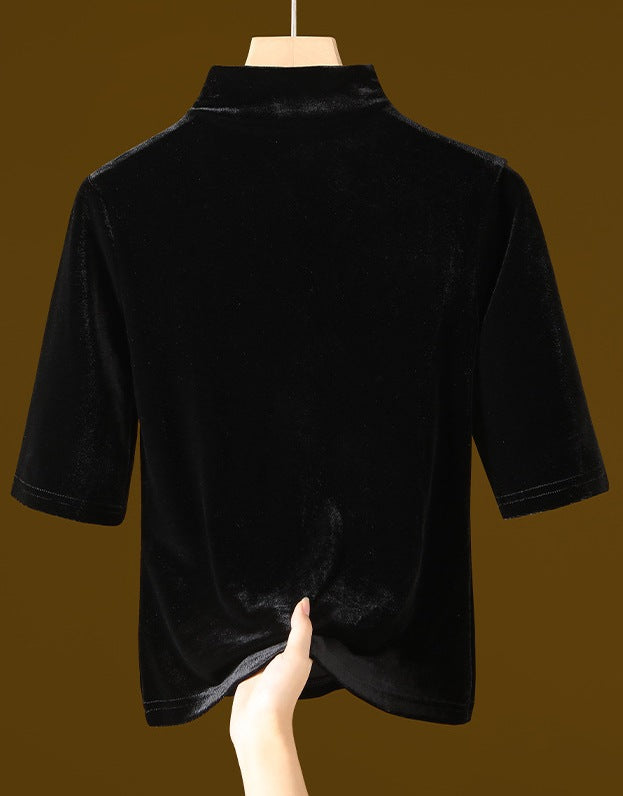 Women's Hepburn Style Black & White Half Turtleneck Gold Velvet Bottoming Shirt
