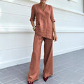 Women's Solid Color V-Neck Top and Wide-Leg Pants Two-Piece Set