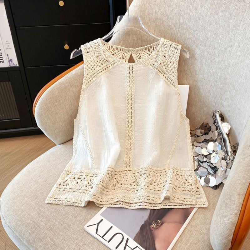 Summer Women's Crochet Lace Patchwork Sleeveless Vest Top – Elegant Hollow-Out Lightweight Casual Blouse