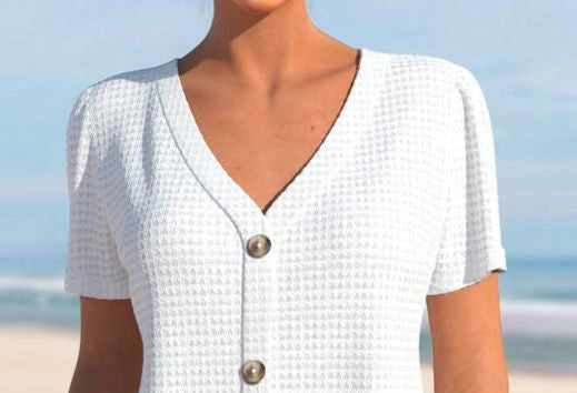 Summer New Solid Color Button V-Neck Short Sleeve Loose Fit Casual Top for Women