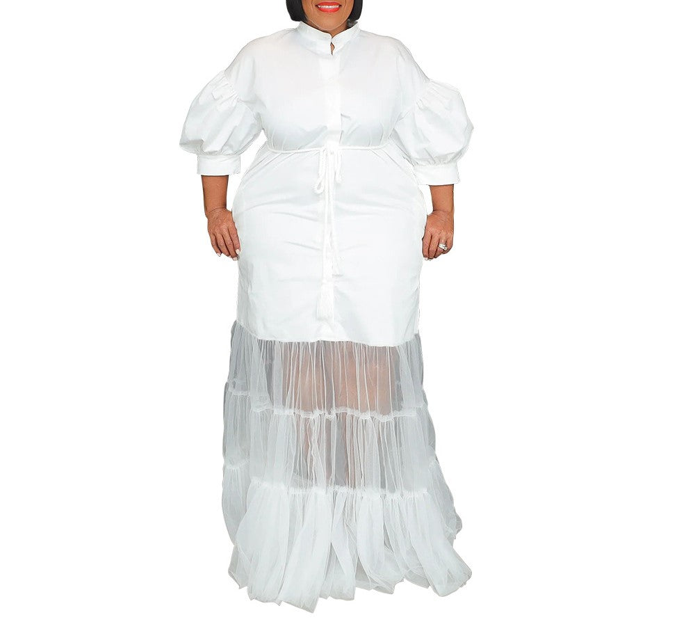 Elegant Plus Size Semi-Mesh Short-Sleeved Autumn Cardigan Dress with Collar & Low Neckline