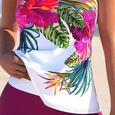 Digital Printed Cross Lace-Up Neck Tankini Set for Women - High Waist Boomers Split Swimsuit