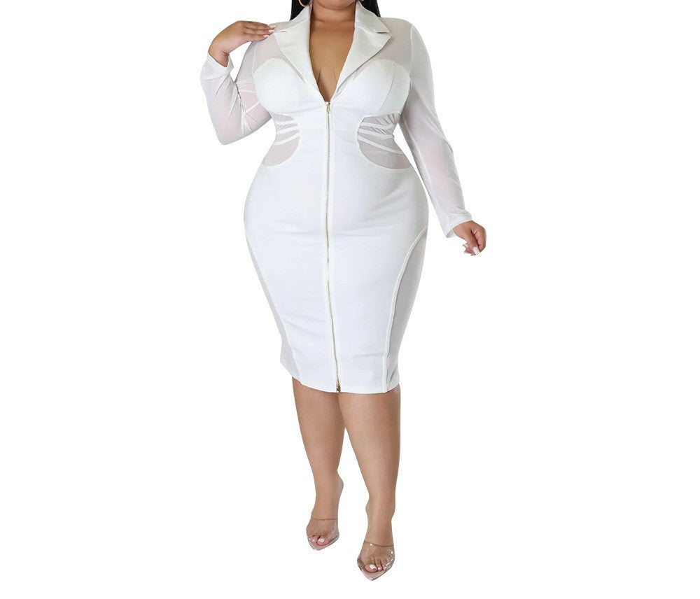 Autumn & Winter Solid Color Zipper Mesh Stitching Slim Fit Plus Size Dress for Women