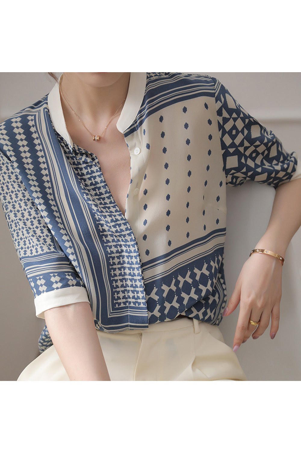 Women Stand Up Collar Elbow Sleeve Lovely Striped Pattern Button Closure Summer Stylish Shirt