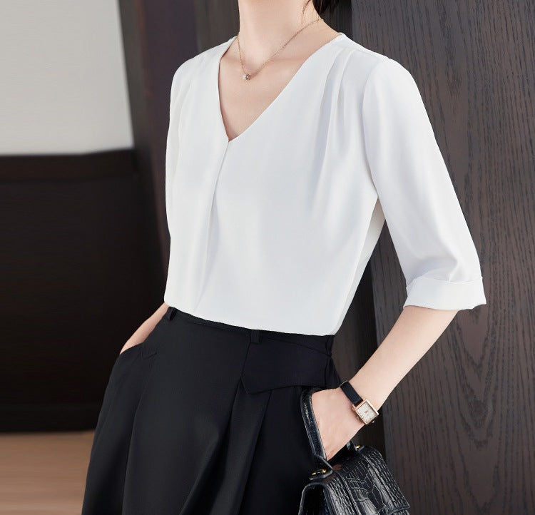Women's V-Neck Half Sleeve Shirt - Summer Lightweight Loose Fit Casual Elegant Top