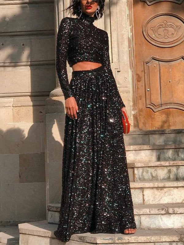 Spring and Summer Elegant High-Neck Long-Sleeved Sequined Dress for Women