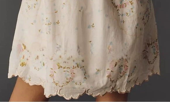 Women's Summer Lace-Trimmed Printed Puff Sleeve Dress with Low Neckline