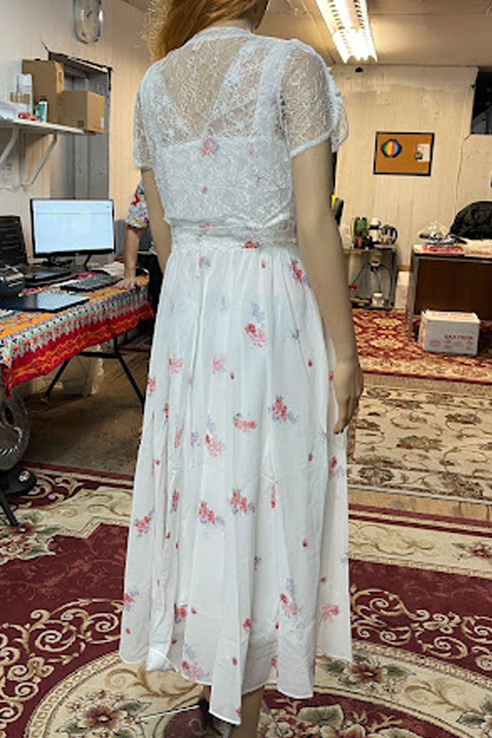 Women Fantastic Lace Crafted Top Attached Printed Pattern Round Neck Short Sleeve Fabulous Swing Dress