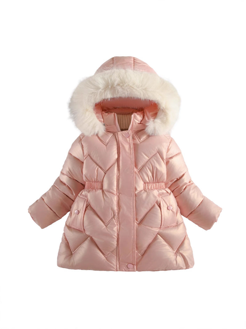 Girls' Bright Leather Waist Cotton Coat – Trendy Winter Outerwear for Small and Medium-Sized Children - RAC25JP3257GOW