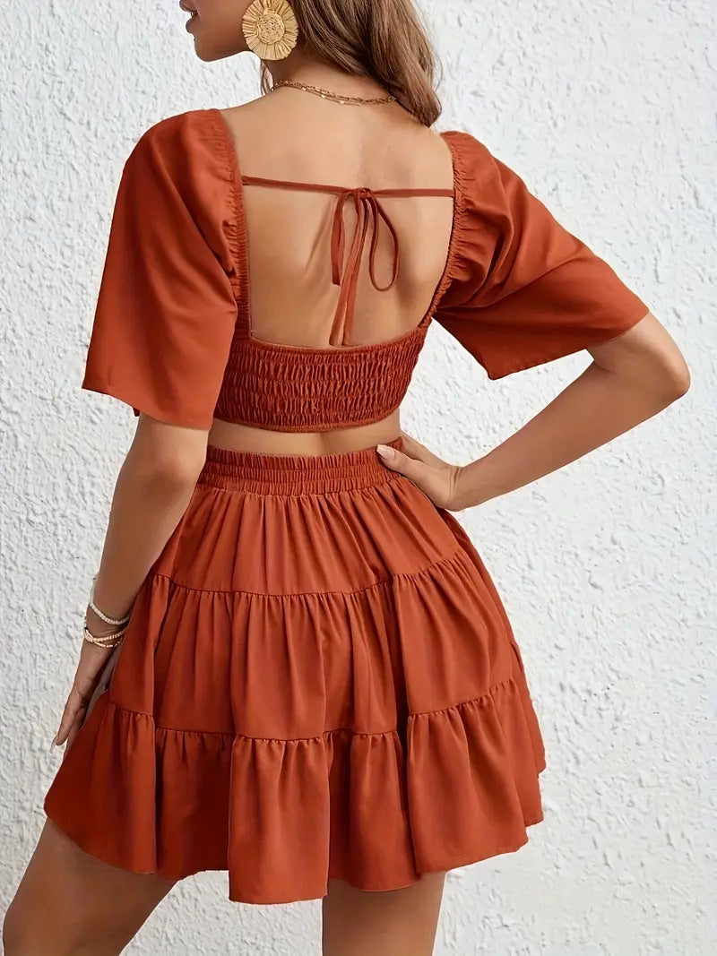 Women's Summer Square Neck Hollow Waist Solid Color Midi Dress