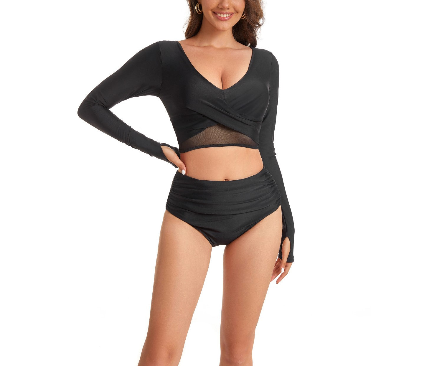 Women's Long Sleeve Surfing Swimsuit – Sexy One-Piece Diving Suit with Sun Protection – Solid Black Bikini-Style Swimwear