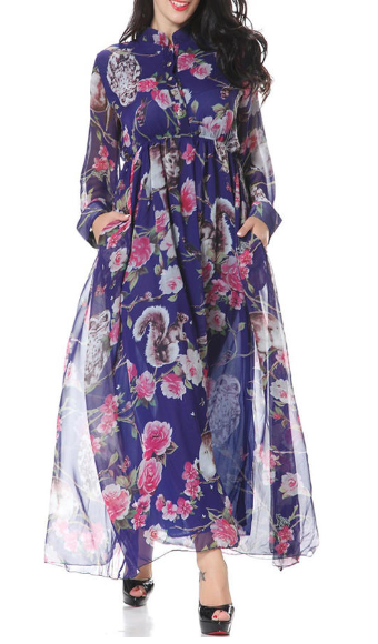 Plus Size Floral Collar Neck Maxi Dress Blue