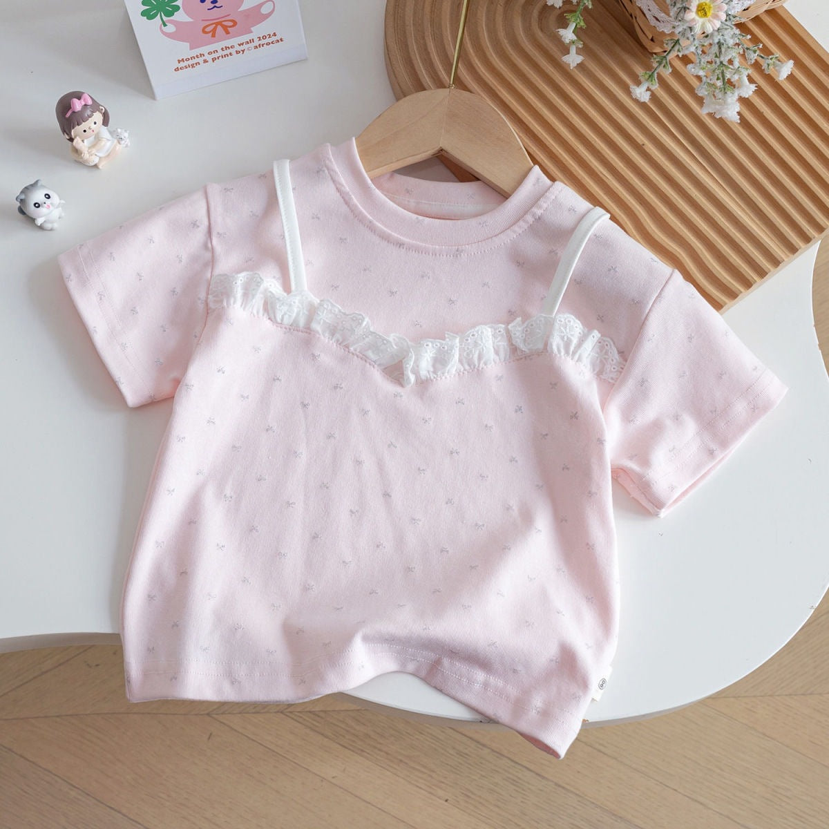 Girls Summer Short-Sleeved T-Shirt – Sweet Lace Fake Two-Piece Bow Top for Babies & Toddlers - RAC26JP5479BATT