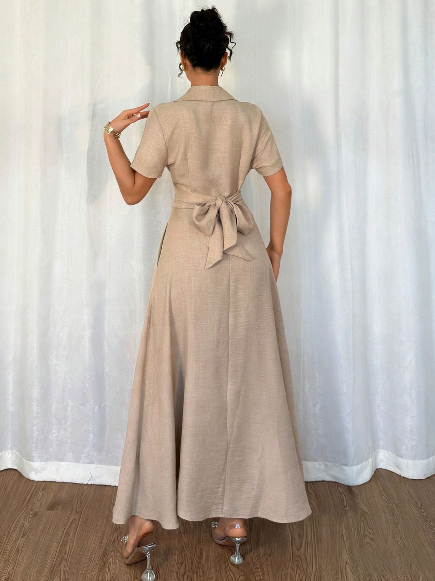 Apricot Women's Summer Dress – V-Neck Short Sleeve Cinched Waist Flowy Casual Midi Dress