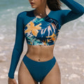New Digital Print High Neck Long Sleeve Bikini with High Waist Split - Women's Surf Swimsuit