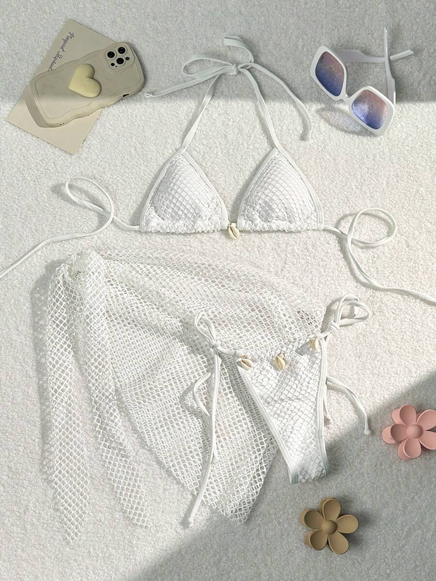 Style Fresh Beach Shell Three-Piece Mesh Bikini Swimsuit