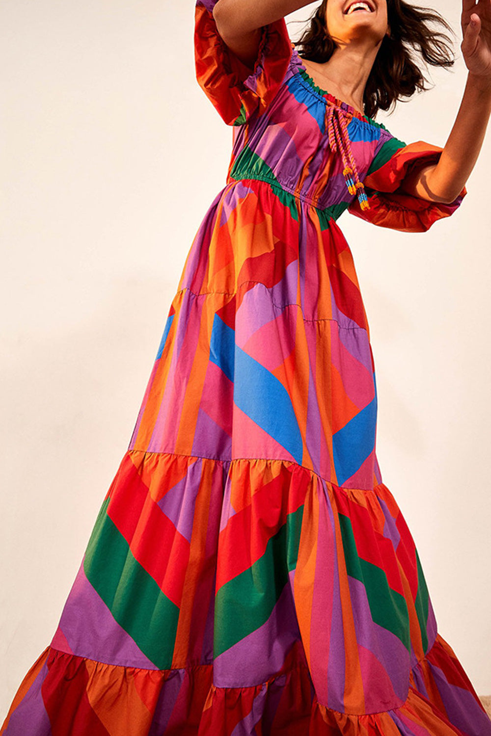 Women Multi Colored Off-Neck Puff Short SLeeve Long Length Fashionable Dress
