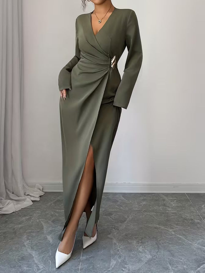 Women's Elegant Long Sleeve Maxi Dress with Side Slit, Irregular Hem, French-Inspired Fashion Dress